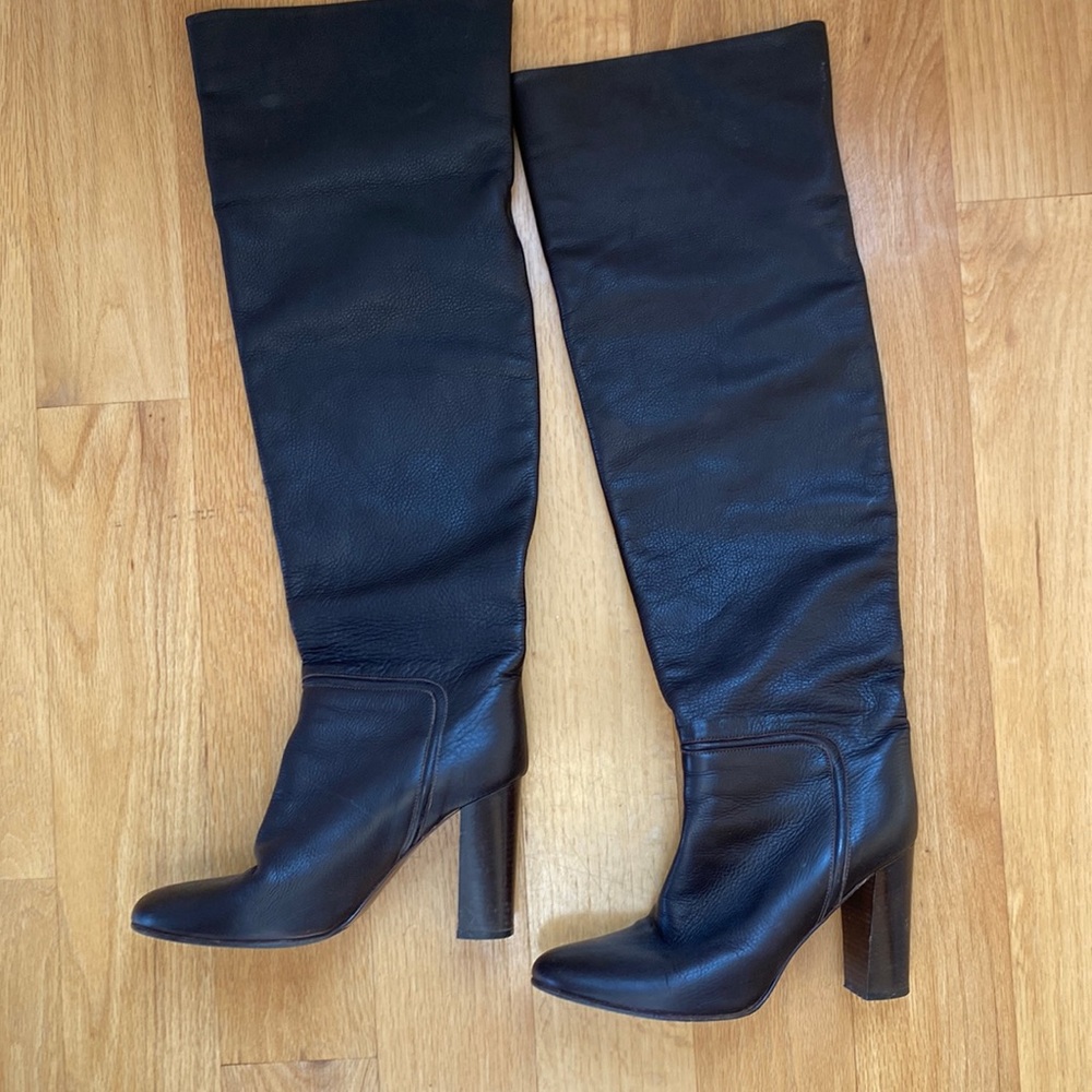 Dark brown over the knee, leather boots made in Italy